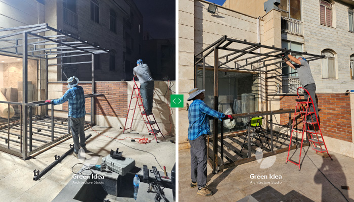 نمونه کار | ساخت آلاچیق سفارشی در تراس سبز خیابان آیت‌الله کاشانی