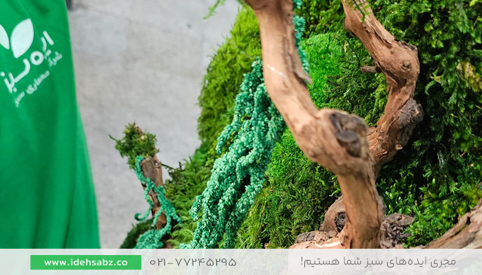 عکس دیزاین تابلو خزه&zwnj;ای با شاخه و آویز آمارانتوس