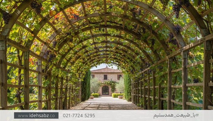 طراحی محوطه&zwnj;سازی باغ میوه کوچیک | ایجاد داربست میوه برای ورودی باغ ویلا