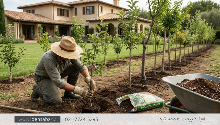 الگوی چینش درختان میوه در باغ مدل مربع | دیزاین محوطه باغ 